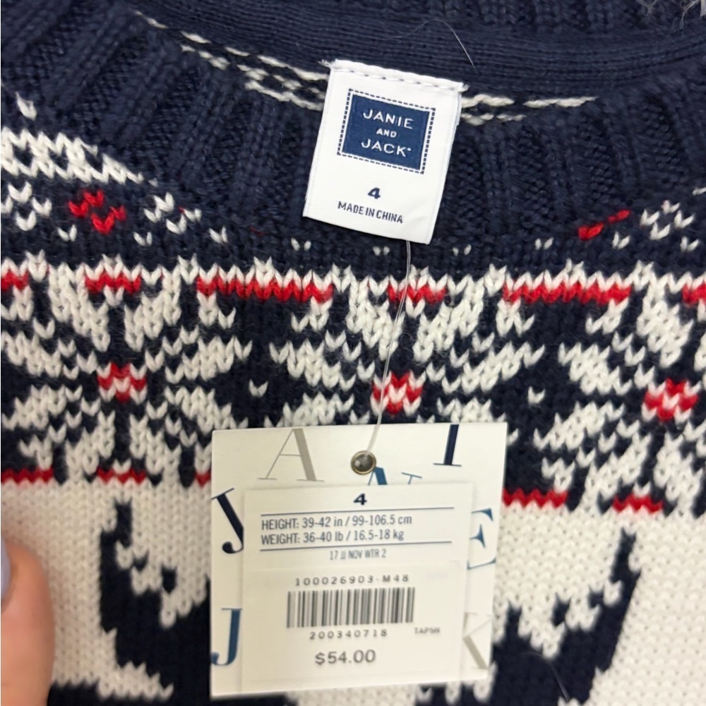 NWT Janie & Jack Navy and White Crewneck Sweater with Moose Design size boys 4 - Picture 4 of 5